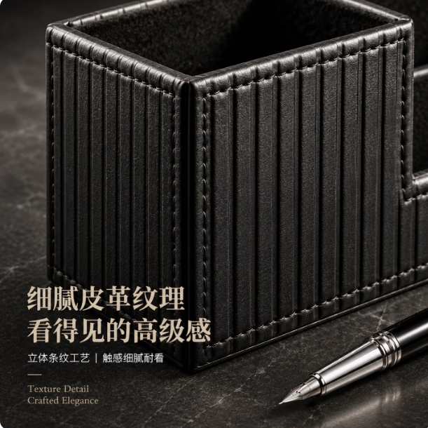 商务轻奢条纹皮革笔筒老板办公室桌面多功能收纳盒简约文具置物架